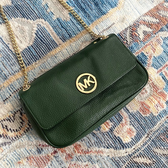 Michael Kors Genuine Leather Hunter Green Shoulder Bag with Gold Accents - Picture 9 of 14